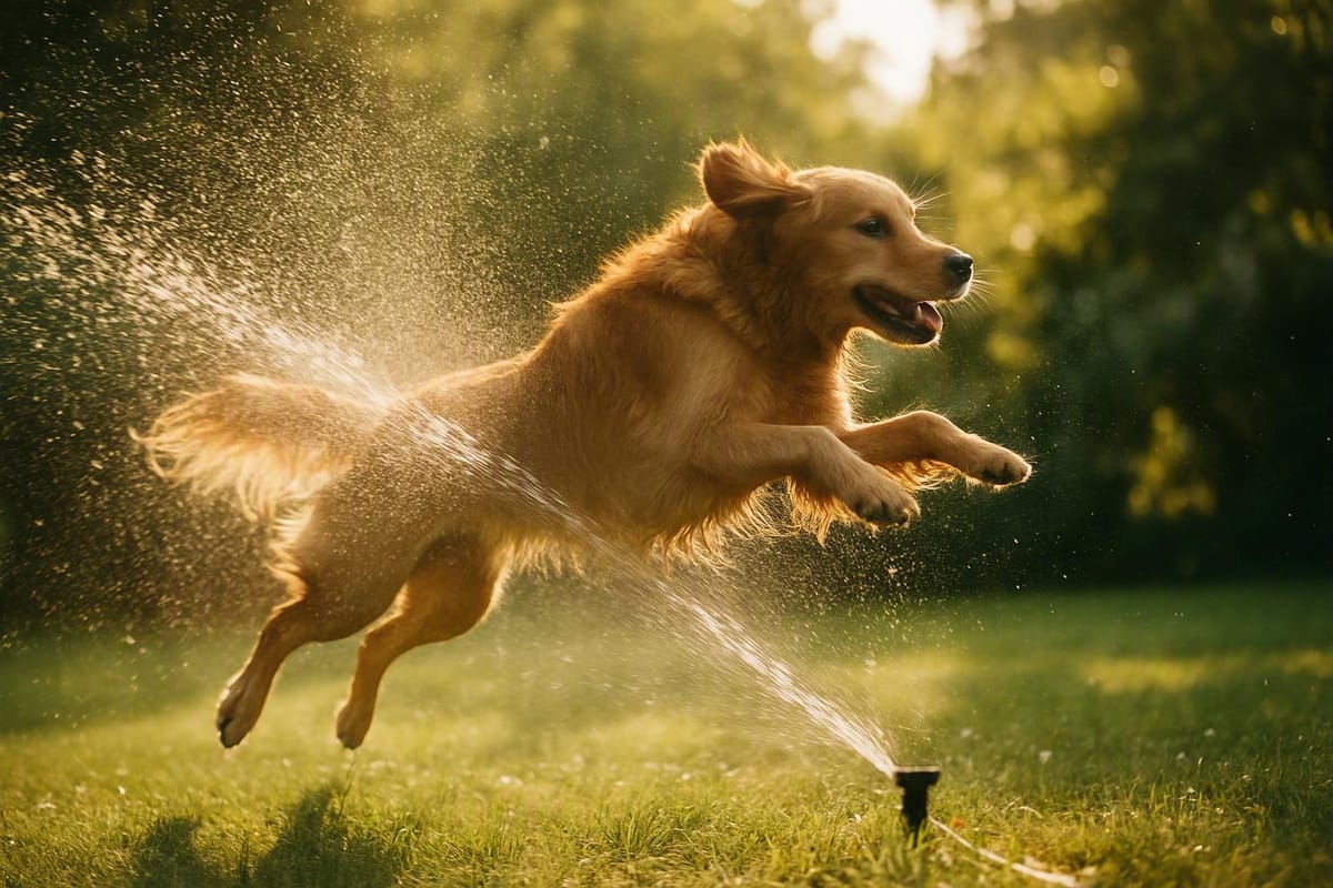Dog leaping through a garden sprinkler