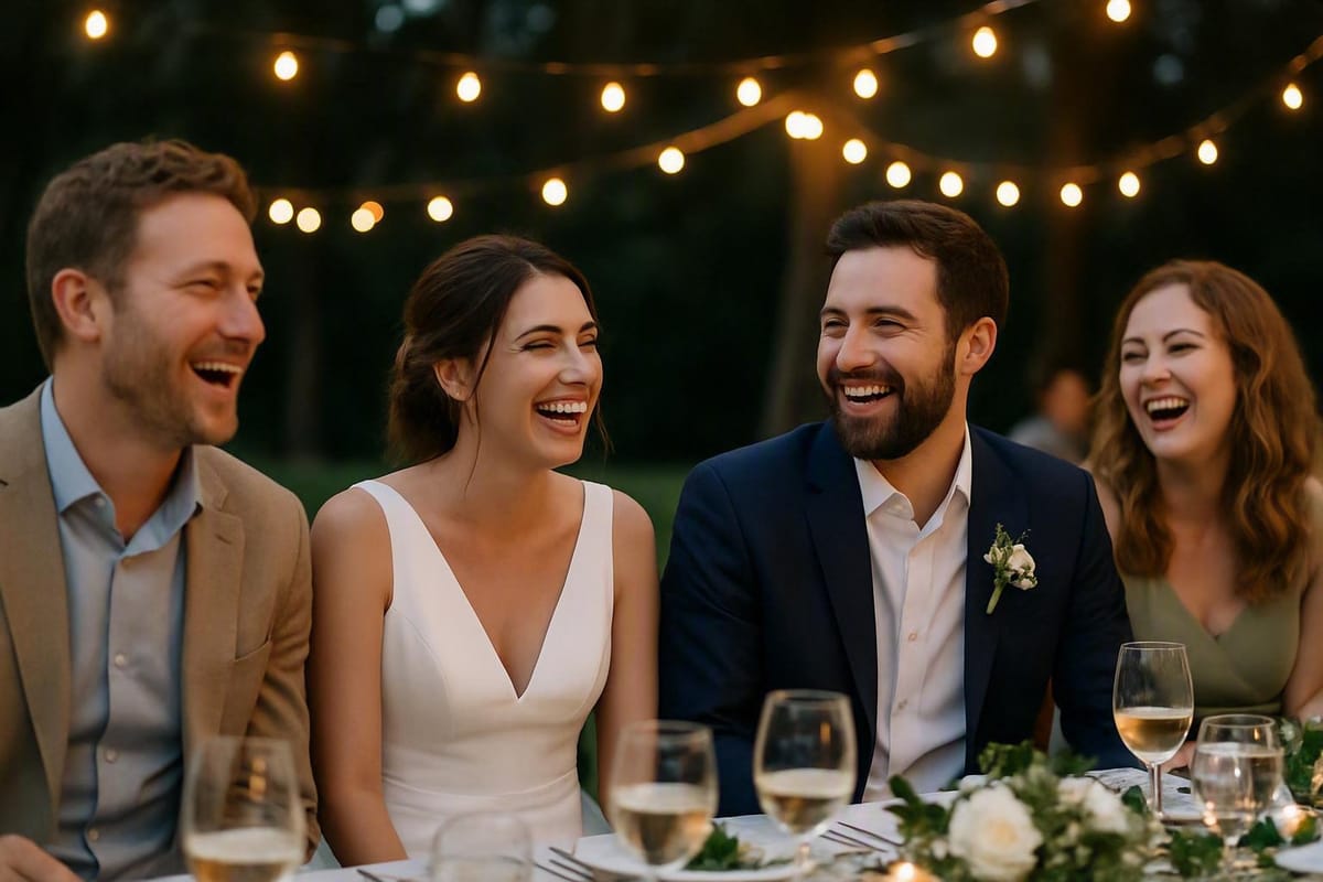 Wedding guests laughing
