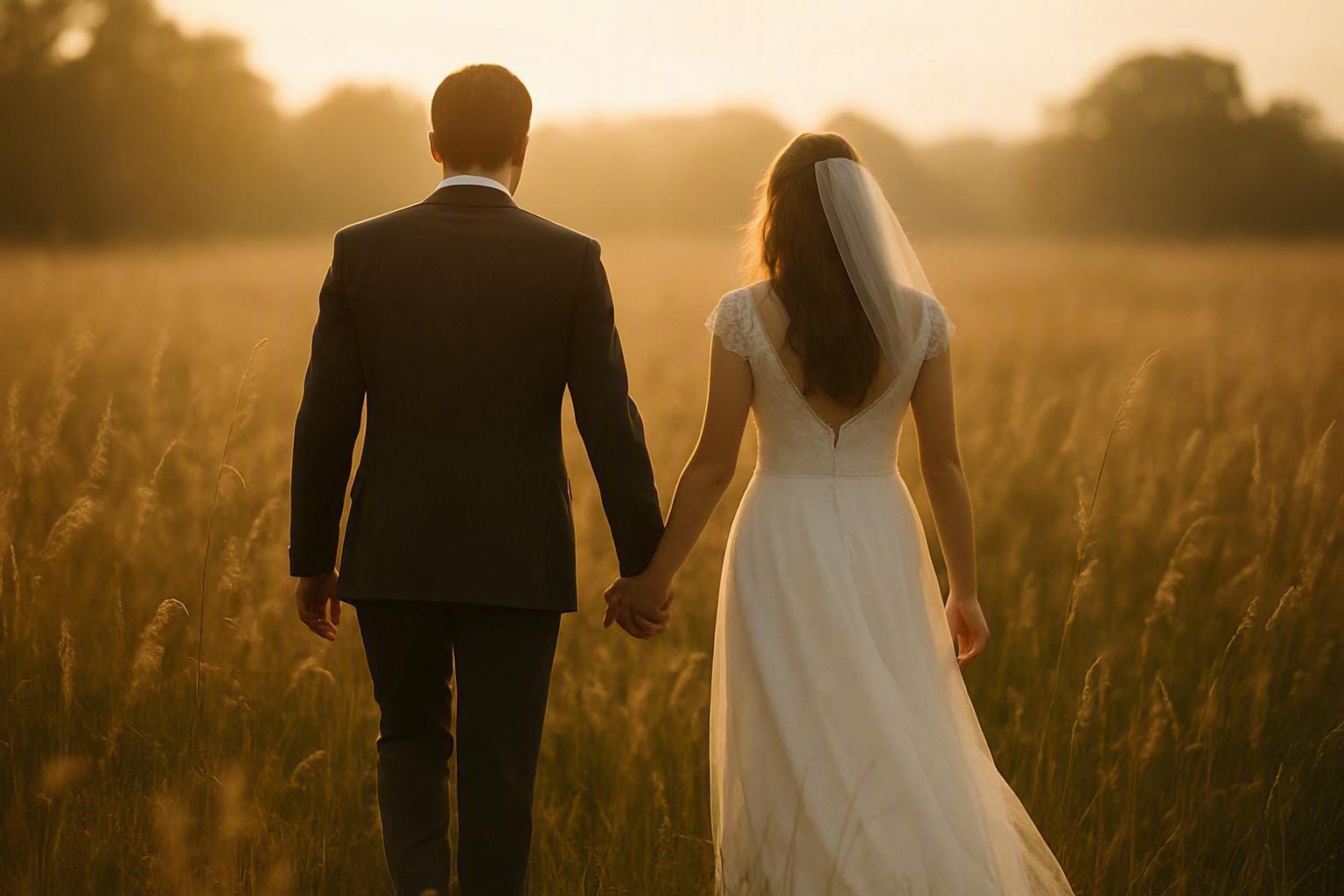 Couple walking through a field at golden hour
