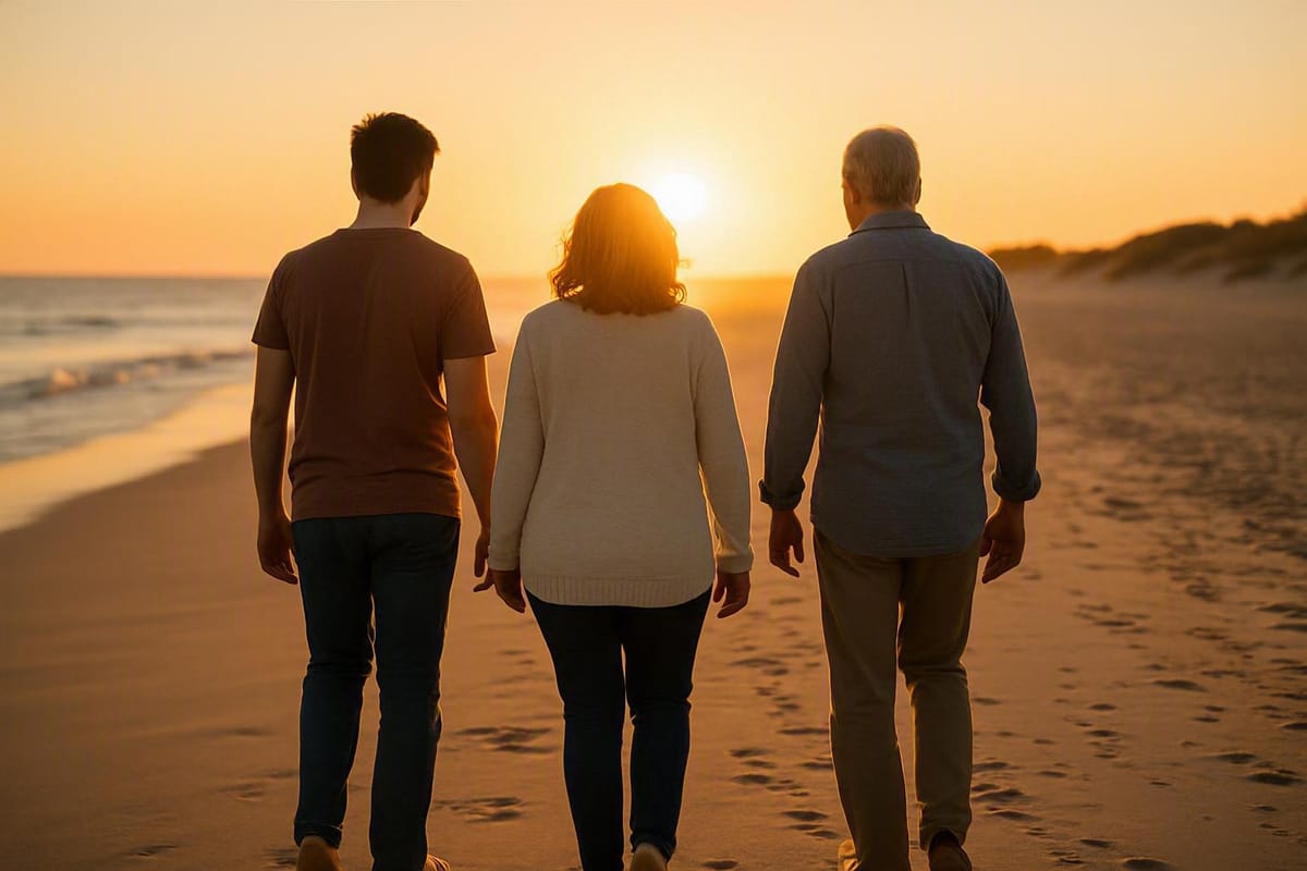 Family walking along a beach at sunset